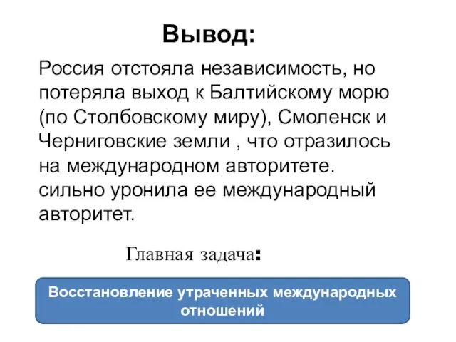 Вывод: Россия отстояла независимость, но потеряла выход к Балтийскому морю (по Столбовскому миру),