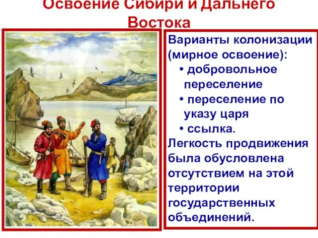 Освоение Сибири и Дальнего Востока Варианты колонизации (мирное освоение): добровольное переселение переселение по