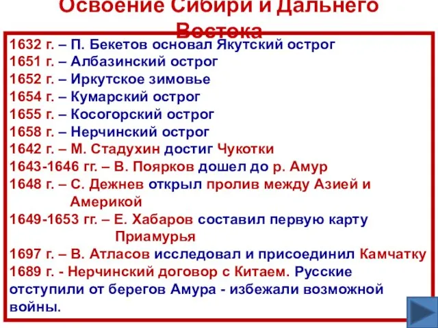 Освоение Сибири и Дальнего Востока 1632 г. – П. Бекетов основал Якутский острог