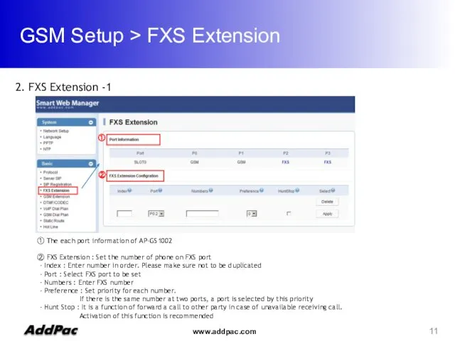 GSM Setup > FXS Extension 2. FXS Extension -1 ② ① ① The