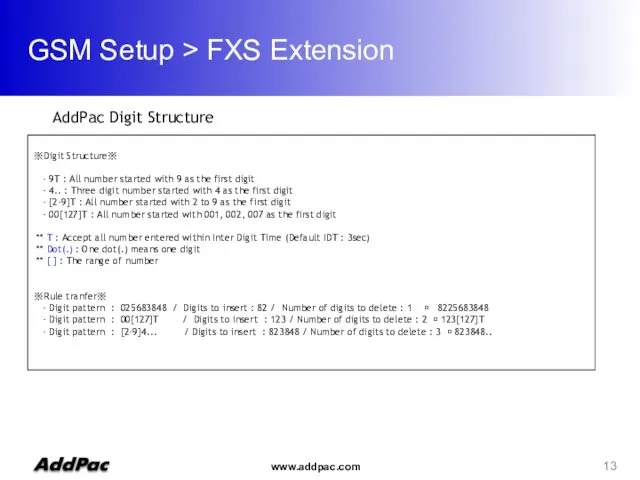 GSM Setup > FXS Extension ※Digit Structure※ - 9T : All number started