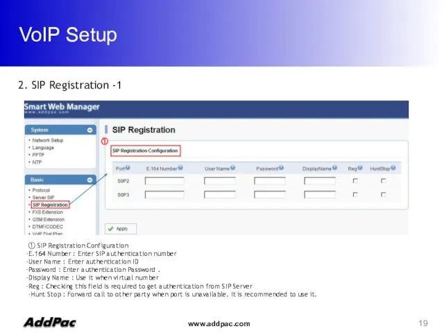 VoIP Setup 2. SIP Registration -1 ① ① SIP Registration Configuration E.164 Number