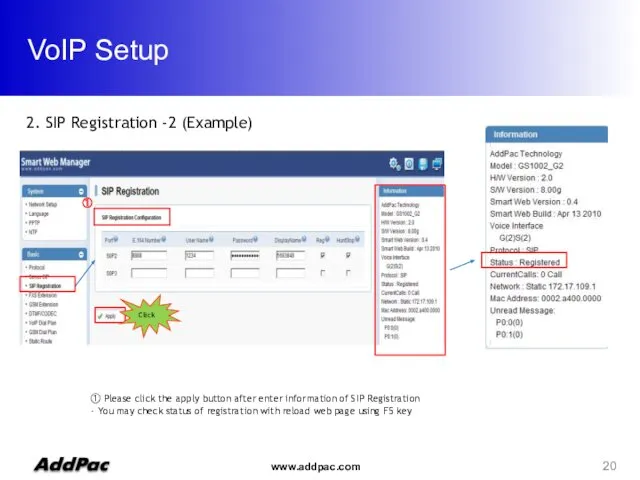 VoIP Setup 2. SIP Registration -2 (Example) ① Click ①