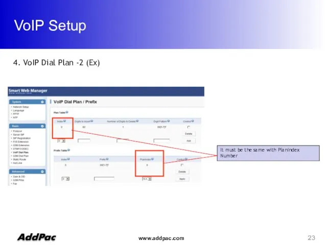 VoIP Setup 4. VoIP Dial Plan -2 (Ex) It must be the same with PlanIndex Number