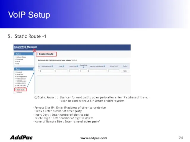 VoIP Setup 5. Static Route -1 ① ① Static Route : : User