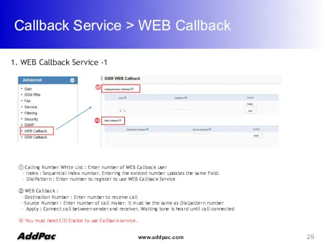 Callback Service > WEB Callback ② ① ① Calling Number White List :