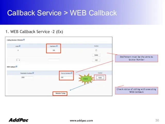 Callback Service > WEB Callback 1. WEB Callback Service -2 (Ex) DialPattern must