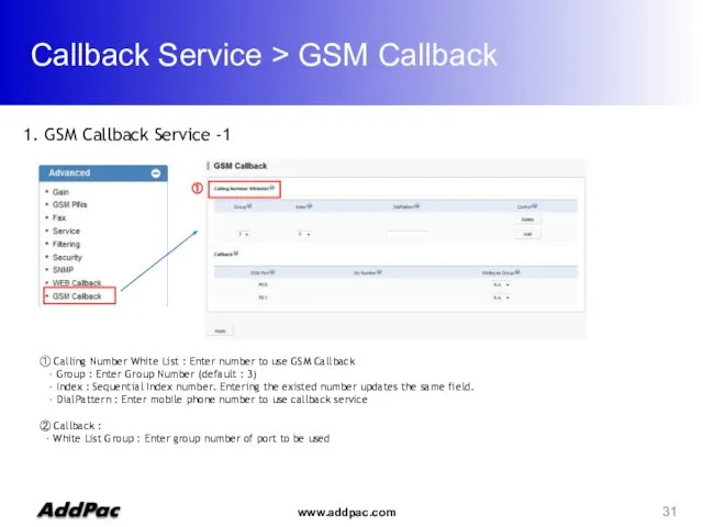 Callback Service > GSM Callback 1. GSM Callback Service -1 ① ① Calling