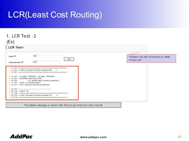 LCR(Least Cost Routing) 1. LCR Test -2 (Ex) Problem can be monitored to