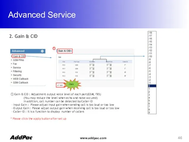 Advanced Service Click ① ① Gain & CID : Adjustment output voice level