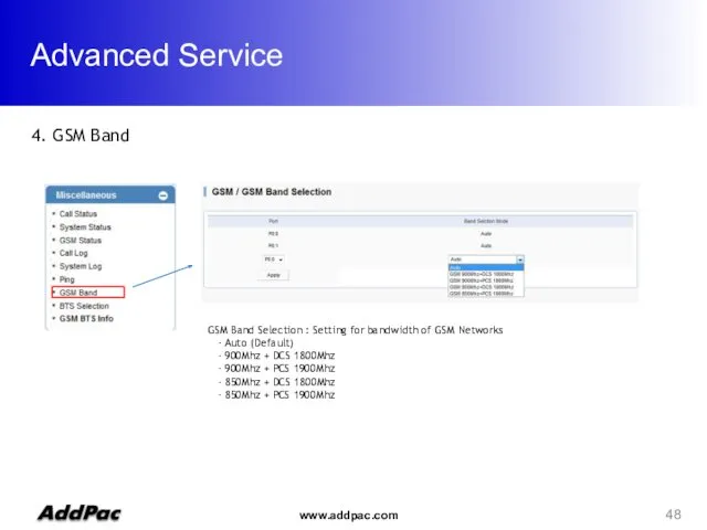 Advanced Service 4. GSM Band GSM Band Selection : Setting for bandwidth of