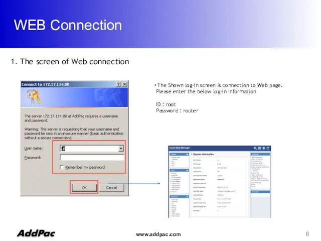 WEB Connection 1. The screen of Web connection The Shown log-in screen is