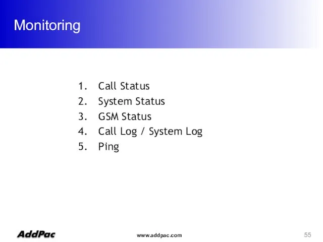 Monitoring Call Status System Status GSM Status Call Log / System Log Ping
