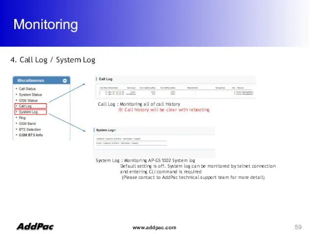 Monitoring 4. Call Log / System Log Call Log :