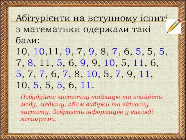 Абітурієнти на вступному іспиті з математики одержали такі бали: 10,