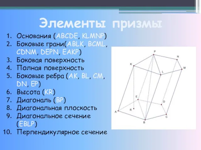 Элементы призмы Основания (ABCDE, KLMNP) Боковые грани(ABLK, BCML, CDNM, DEPN,