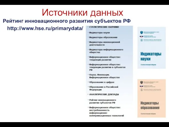 Источники данных Рейтинг инновационного развития субъектов РФ http://www.hse.ru/primarydata/