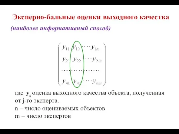 Эксперно-бальные оценки выходного качества (наиболее информативный способ) где yij оценка