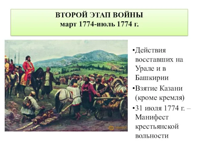 ВТОРОЙ ЭТАП ВОЙНЫ март 1774-июль 1774 г. Действия восставших на