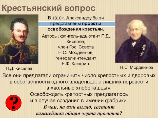 Крестьянский вопрос В 1816 г. Александру были представлены проекты освобождения