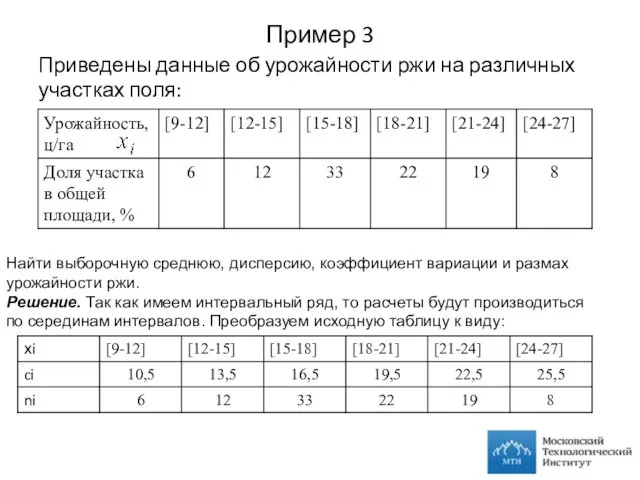 Пример 3 Приведены данные об урожайности ржи на различных участках