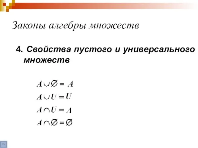 Законы алгебры множеств 4. Свойства пустого и универсального множеств