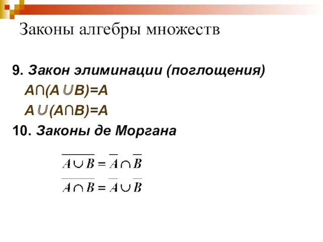 Законы алгебры множеств 9. Закон элиминации (поглощения) A∩(A∪B)=A A∪(A∩B)=A 10. Законы де Моргана.