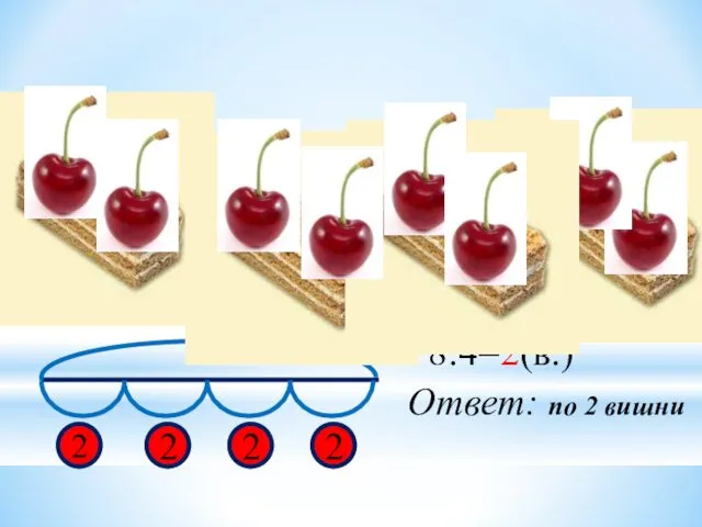 8 2 2 2 2 8:4=2(в.) Ответ: по 2 вишни