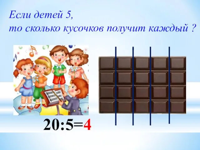 Если детей 5, то сколько кусочков получит каждый ? 20:5=4