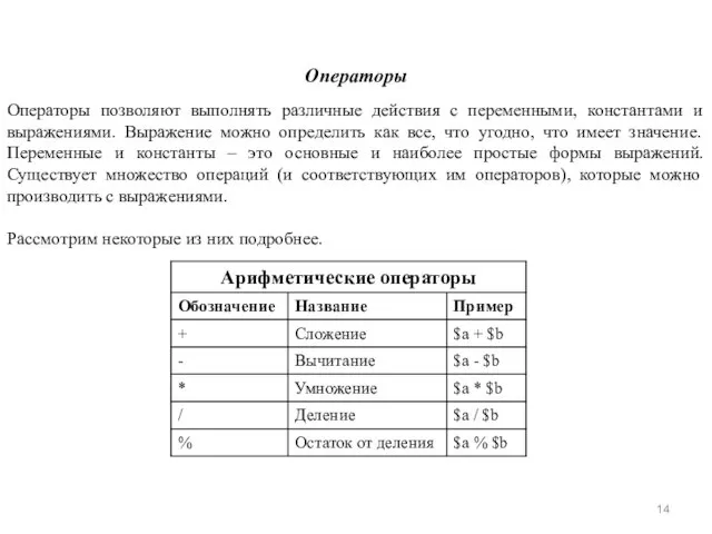 Операторы Операторы позволяют выполнять различные действия с переменными, константами и