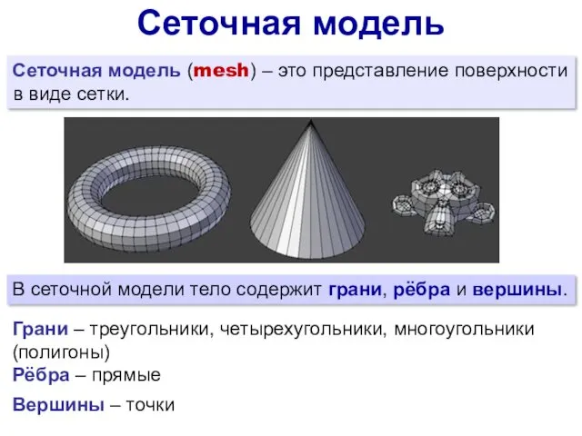 Сеточная модель Сеточная модель (mesh) – это представление поверхности в