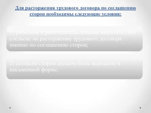 Для расторжения трудового договора по соглашению сторон необходимы следующие условия: