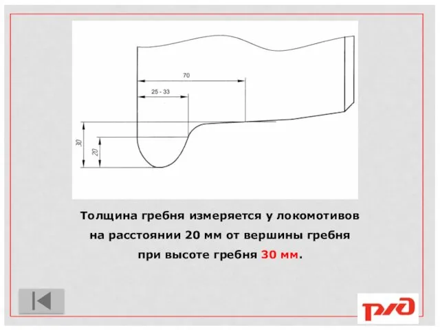 Толщина гребня измеряется у локомотивов на расстоянии 20 мм от