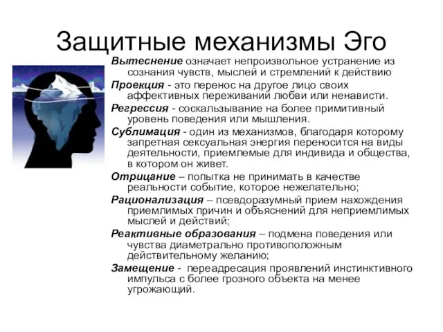 Защитные механизмы Эго Вытеснение означает непроизвольное устранение из сознания чувств,