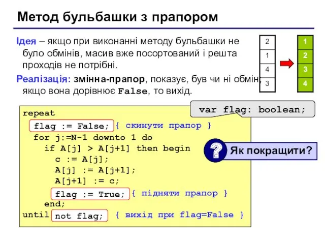 Метод бульбашки з прапором Ідея – якщо при виконанні методу
