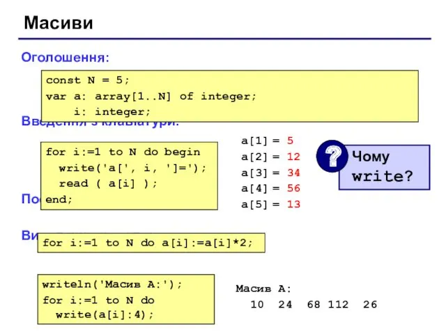 Масиви Оголошення: Введення з клавіатури: Поелементні операції: Виведення на екран: