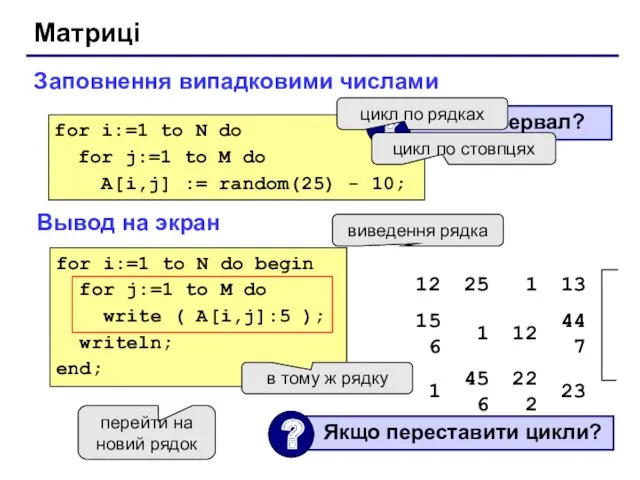 Матриці Заповнення випадковими числами for i:=1 to N do for