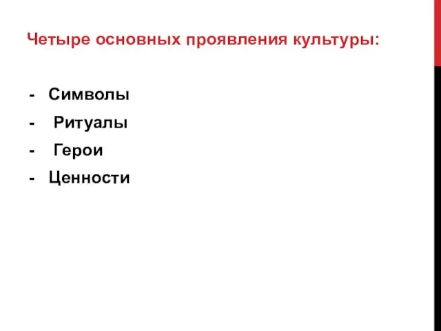 Четыре основных проявления культуры: Символы Ритуалы Герои Ценности