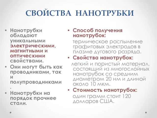 СВОЙСТВА НАНОТРУБКИ Нанотрубки обладают уникальными электрическими, магнитными и оптическими свойствами.