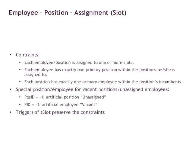 Contraints: Each employee/position is assigned to one or more slots.