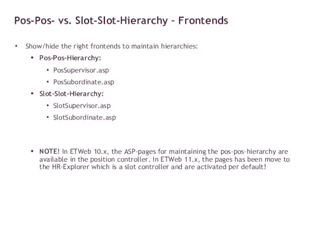 Show/hide the right frontends to maintain hierarchies: Pos-Pos-Hierarchy: PosSupervisor.asp PosSubordinate.asp