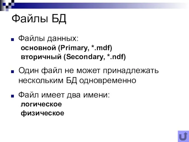 Файлы БД Файлы данных: основной (Primary, *.mdf) вторичный (Secondary, *.ndf)