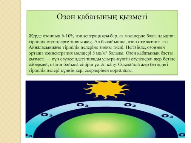 Озон қабатының қызметі Жерде озонның 6-10% концентрациясы бар, аз мөлшерде