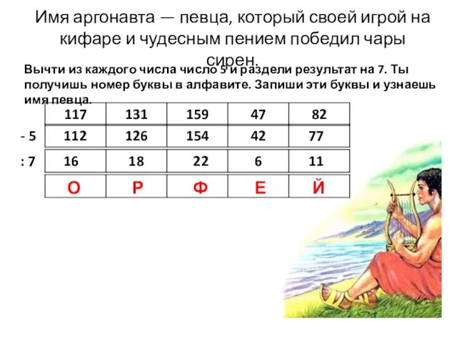 Имя аргонавта — певца, который своей игрой на кифаре и