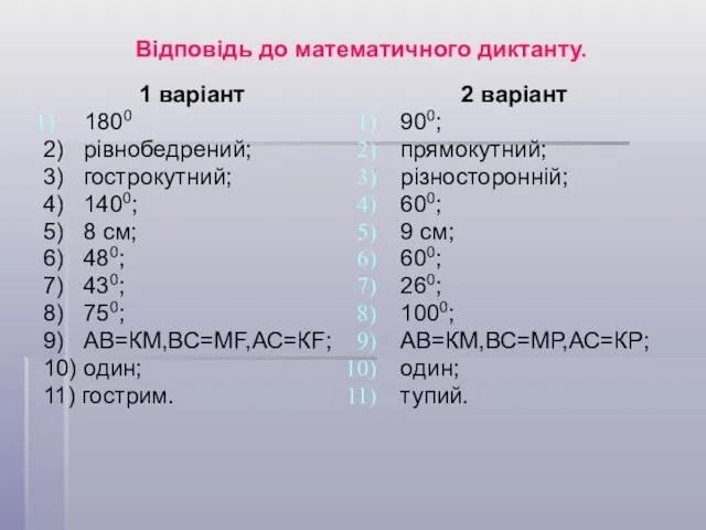 Відповідь до математичного диктанту. 1 варіант 1800 2) рівнобедрений; 3)