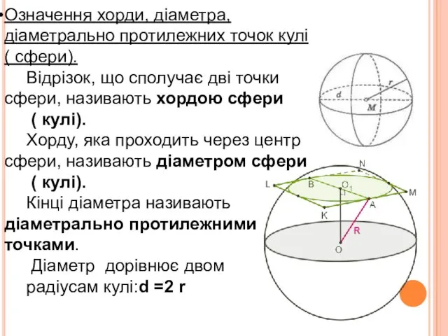 Означення хорди, діаметра, діаметрально протилежних точок кулі ( сфери). Відрізок,