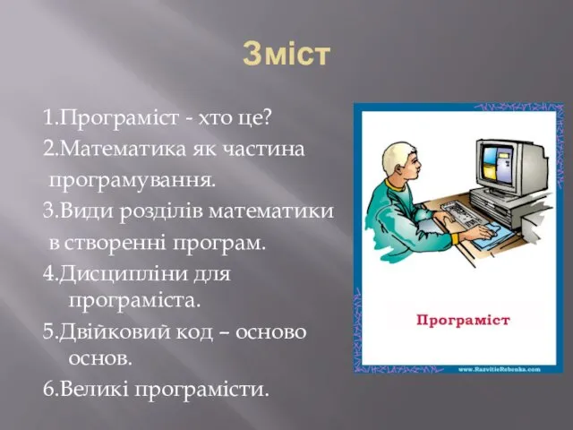 Зміст 1.Програміст - хто це? 2.Математика як частина програмування. 3.Види