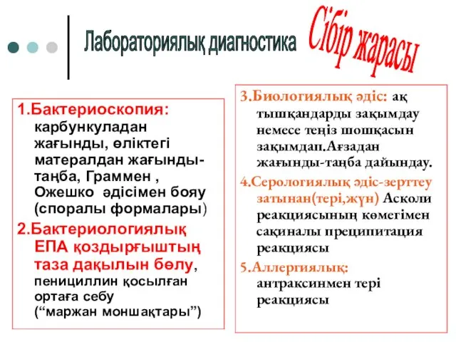 1.Бактериоскопия: карбункуладан жағынды, өліктегі матералдан жағынды-таңба, Граммен ,Ожешко әдісімен бояу