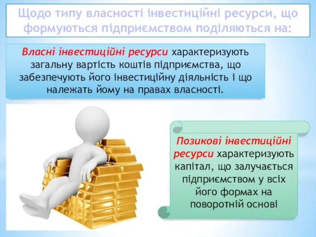 Щодо типу власності інвестиційні ресурси, що формуються підприємством поділяються на: