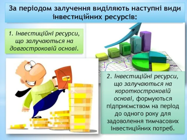 За періодом залучення виділяють наступні види інвестиційних ресурсів: 1. Інвестиційні